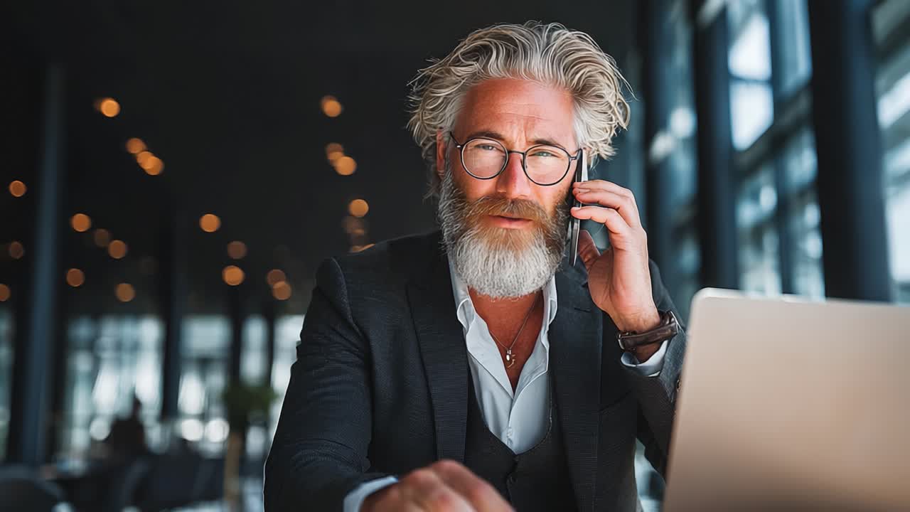 En distingveret herre med gråsprængt skæg og briller er i telefon, mens han arbejder på en bærbar computer i et moderne kontormiljø, hvilket udstråler professionalisme og fokus.