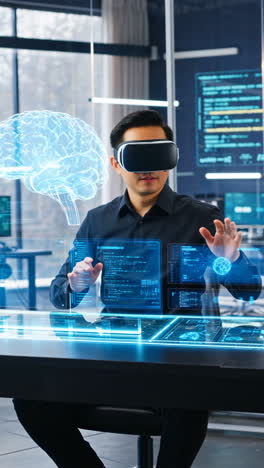 man using vr headset interacting with holographic brain and data interface