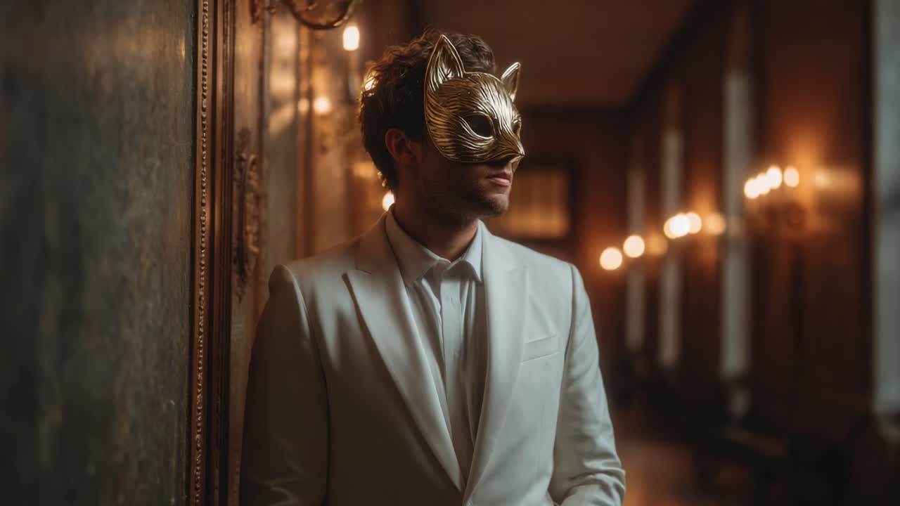 A Mysterious Figure in a Golden Cat Mask Stands Elegantly Against an Ornate Wall in a Dimly Lit Hallway, Exuding Intrigue and Elegance in This Captivating Scene