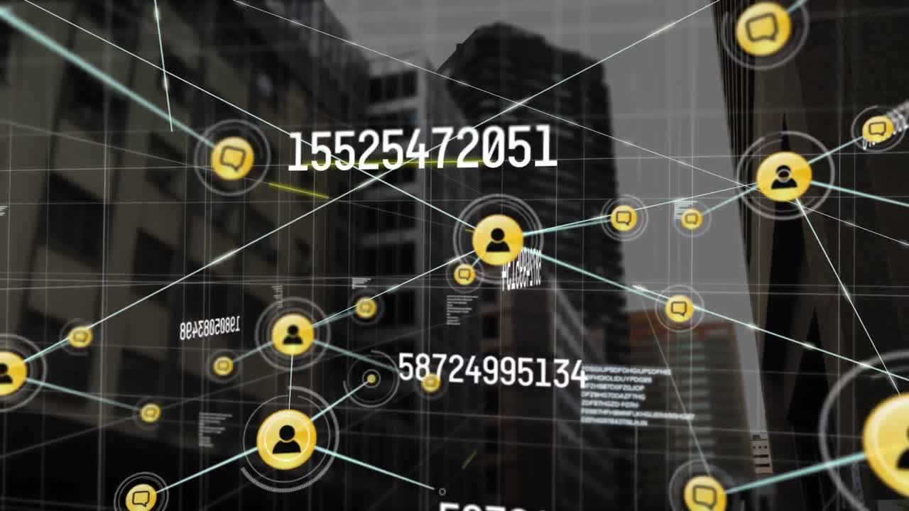 도시 풍경에 대한 숫자 및 연결 웹의 애니메이션