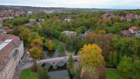 bridge over ilm great aerial top view flight weimar old town cultural city thuringia germany fall 23