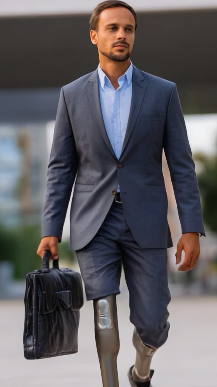 Un hombre decidido con vestimenta formal, caminando con confianza y un maletín, mostrando resiliencia y estilo, complementado por su avanzada tecnología de prótesis de pierna.