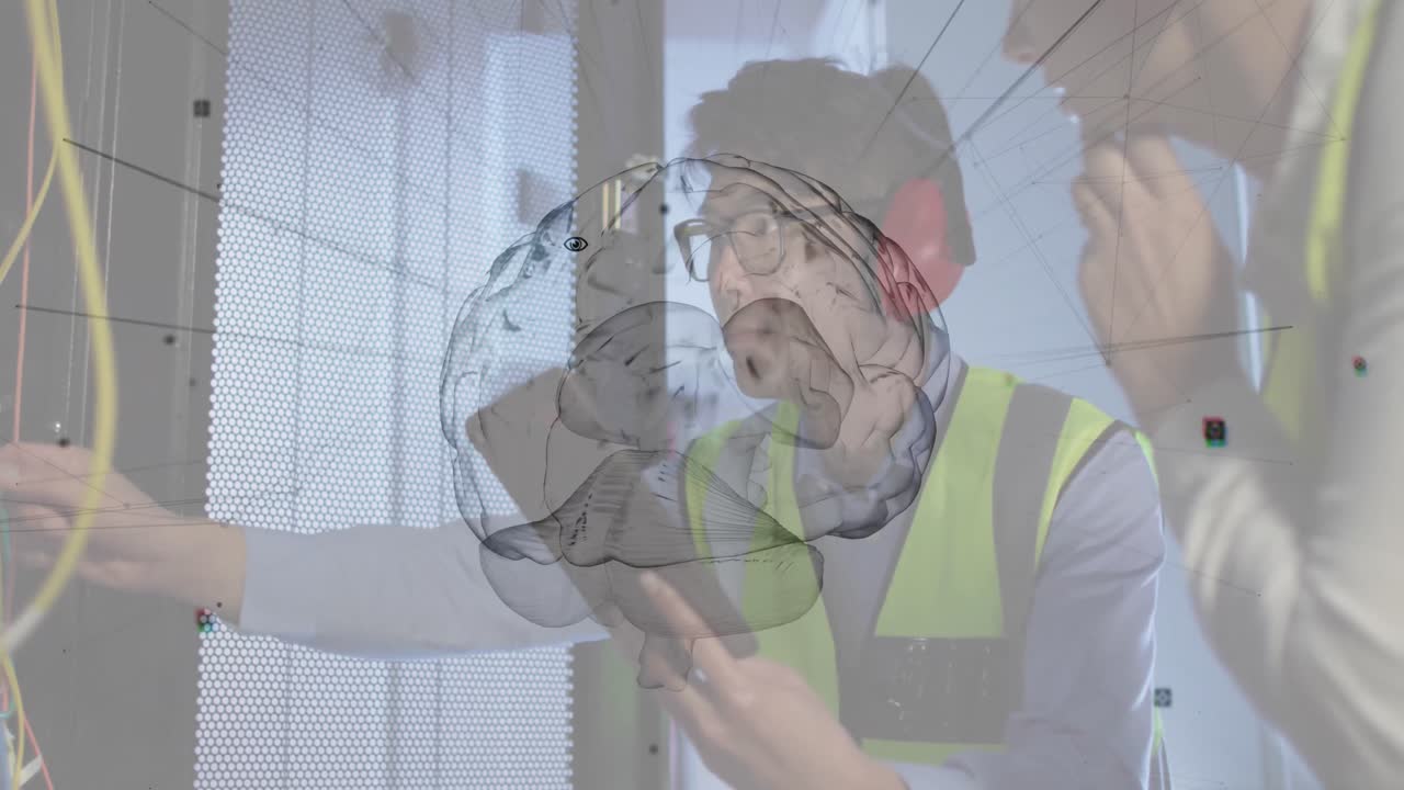 animación de conexiones y cerebro digital sobre diversos trabajadores en la sala de servidores.
