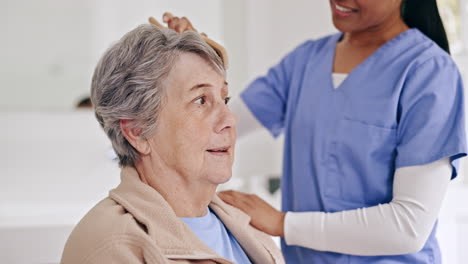 hair, brush and senior woman with caregiver