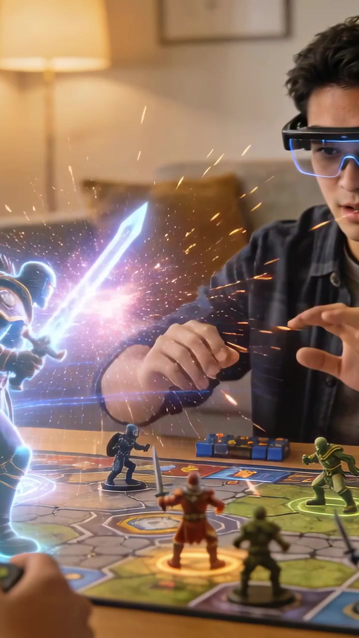 Vídeo vertical: Jogador pressionando controle com óculos de RA invocando hologramas para um duelo na sala de estar