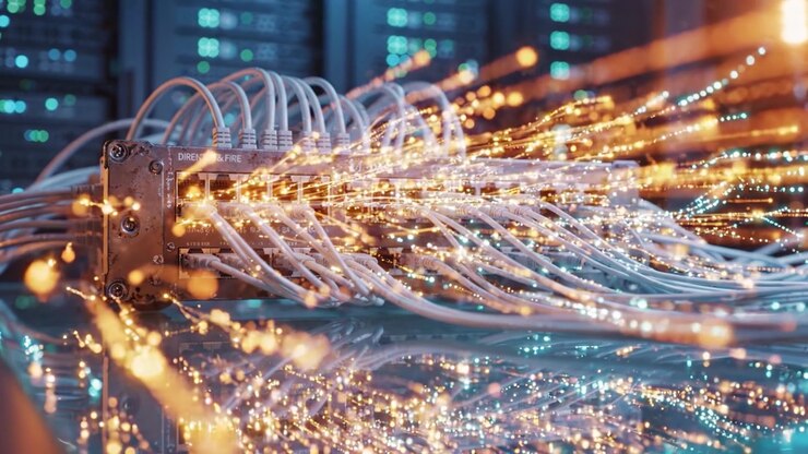 A Close-Up View of a Network Switch Surrounded by Cables in a Modern Data Center, Highlighting the Complexity of Digital Connectivity and Infrastructure