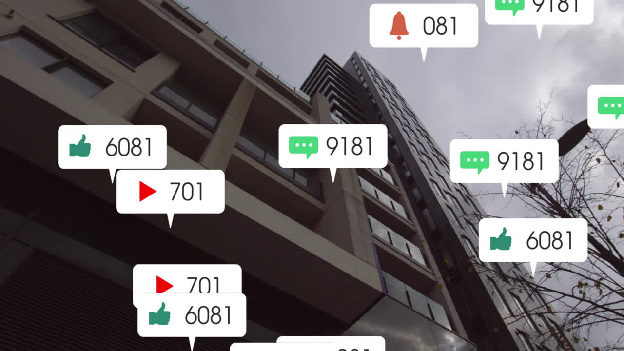 Social media notifications animation over modern apartment buildings