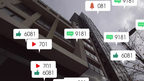 social media notifications animation over modern apartment buildings