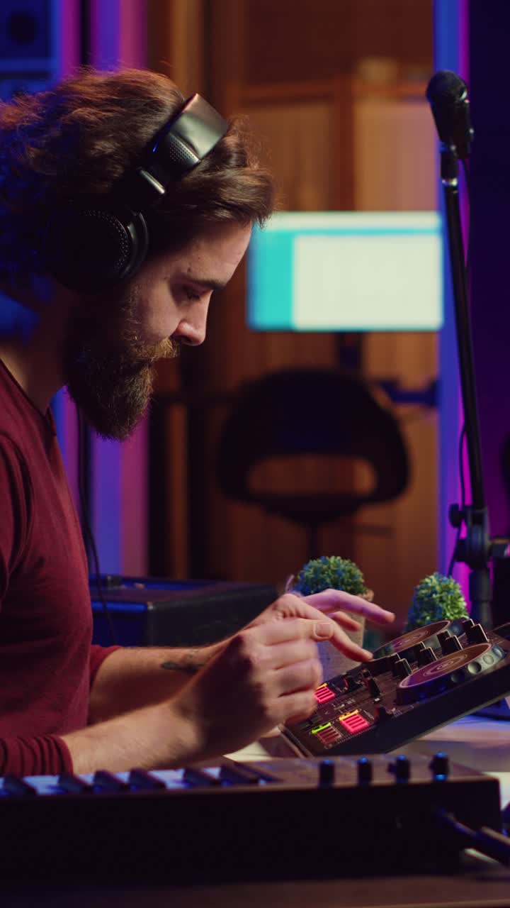 Male Music Producer Mixing Sound on DJ Controller in Studio