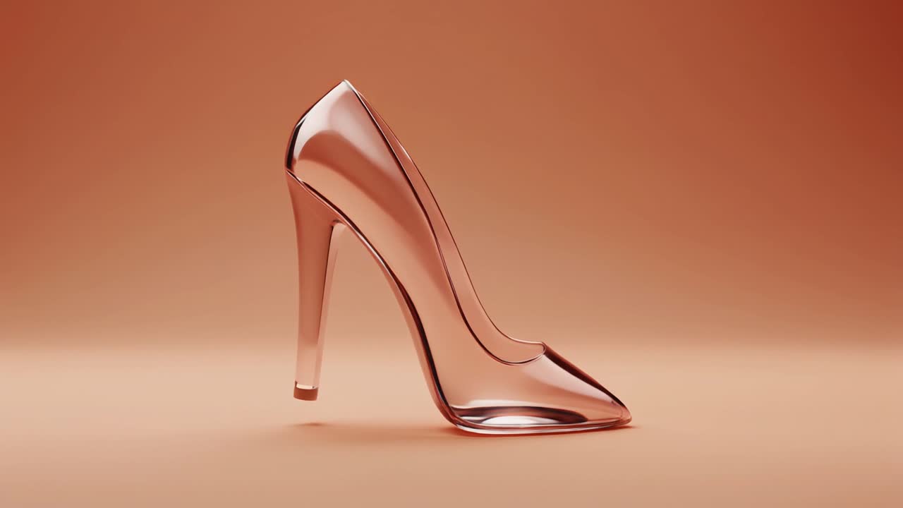 Scarpa con tacco alto in vetro color oro rosa che ruota su sfondo da studio