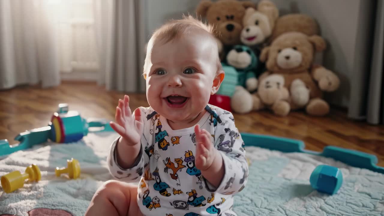 A joyful baby claps on a playmat, surrounded by toys. Captured from a low angle, the video conveys