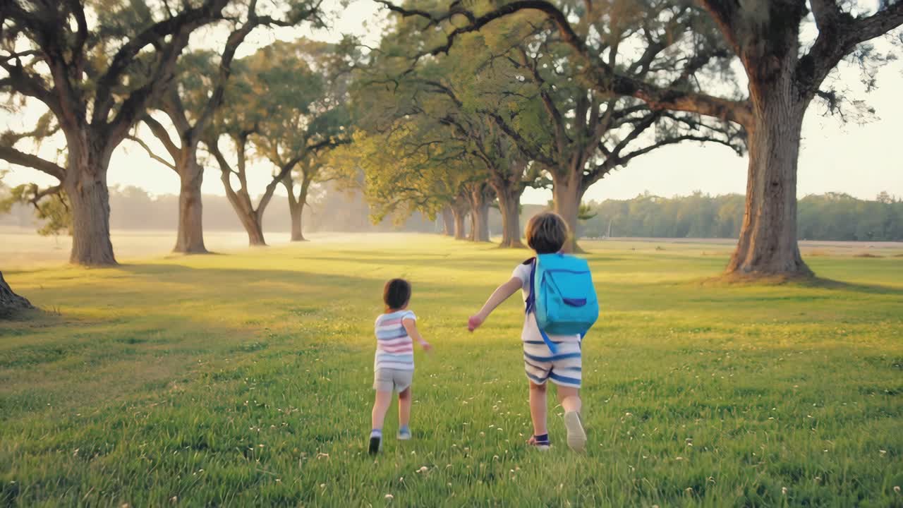 Two children running through a field of trees