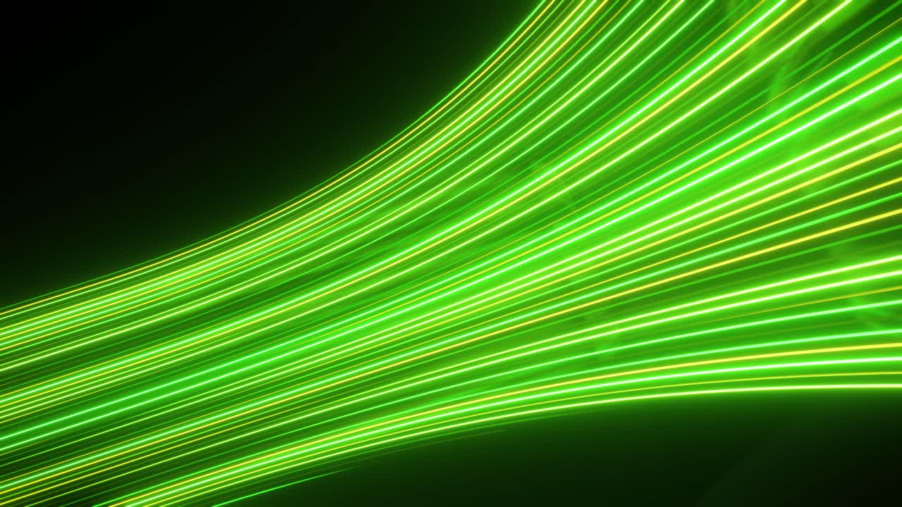 Scie luminose al neon verdi e gialle che si espandono su sfondo nero