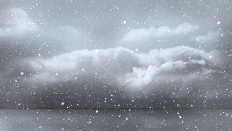 Animation-of-snow-falling-in-seamless-loop-over-clouded-sky-in-background