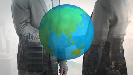 animation of globe over businessman handshake