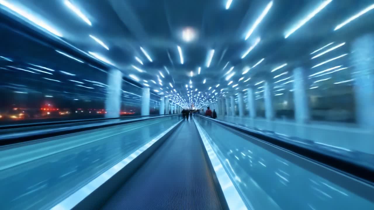 A mesmerizing scene captured from a moving walkway, illuminated by enchanting blue lights, where shadowy figures of pedestrians navigate through an ethereal, glowing urban environment at night