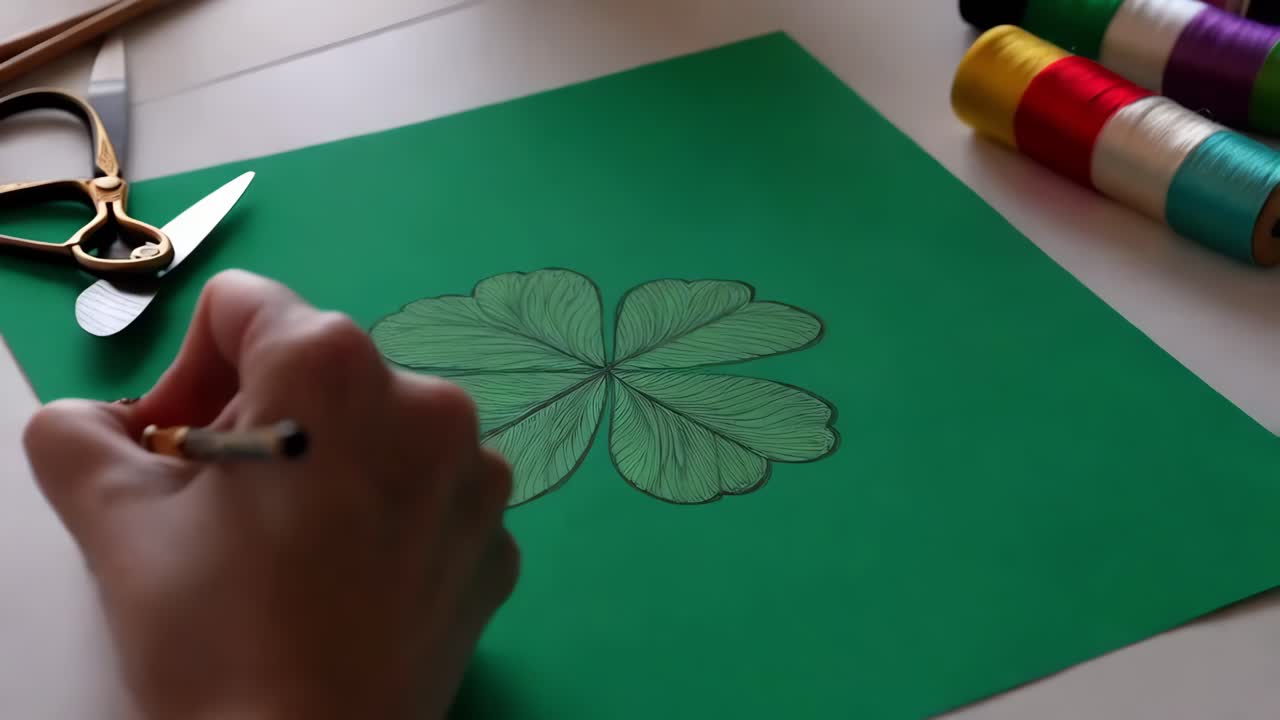 dibujando a mano un trébol de cuatro hojas en papel verde
