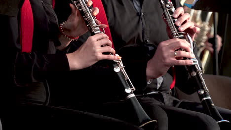 imágenes recortadas de músicos en una orquesta tocando clarinetes