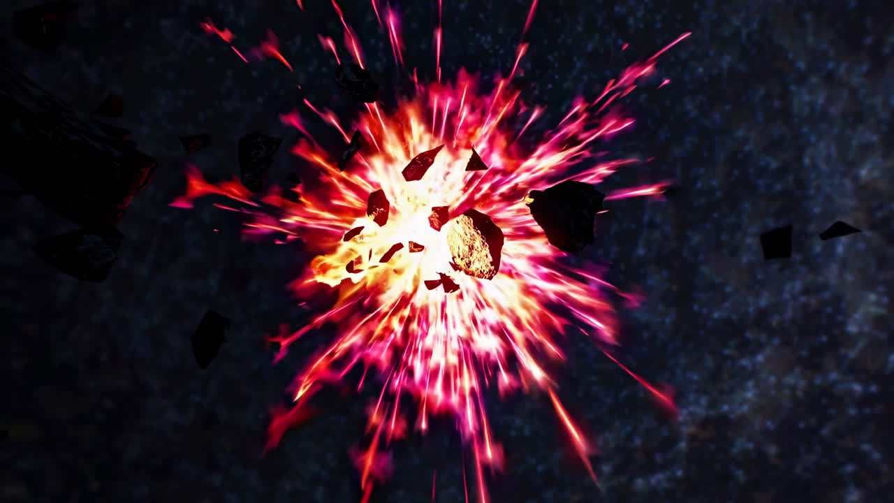 Dynamic explosion with fiery debris captured from a top-down angle, ideal for action video scenes