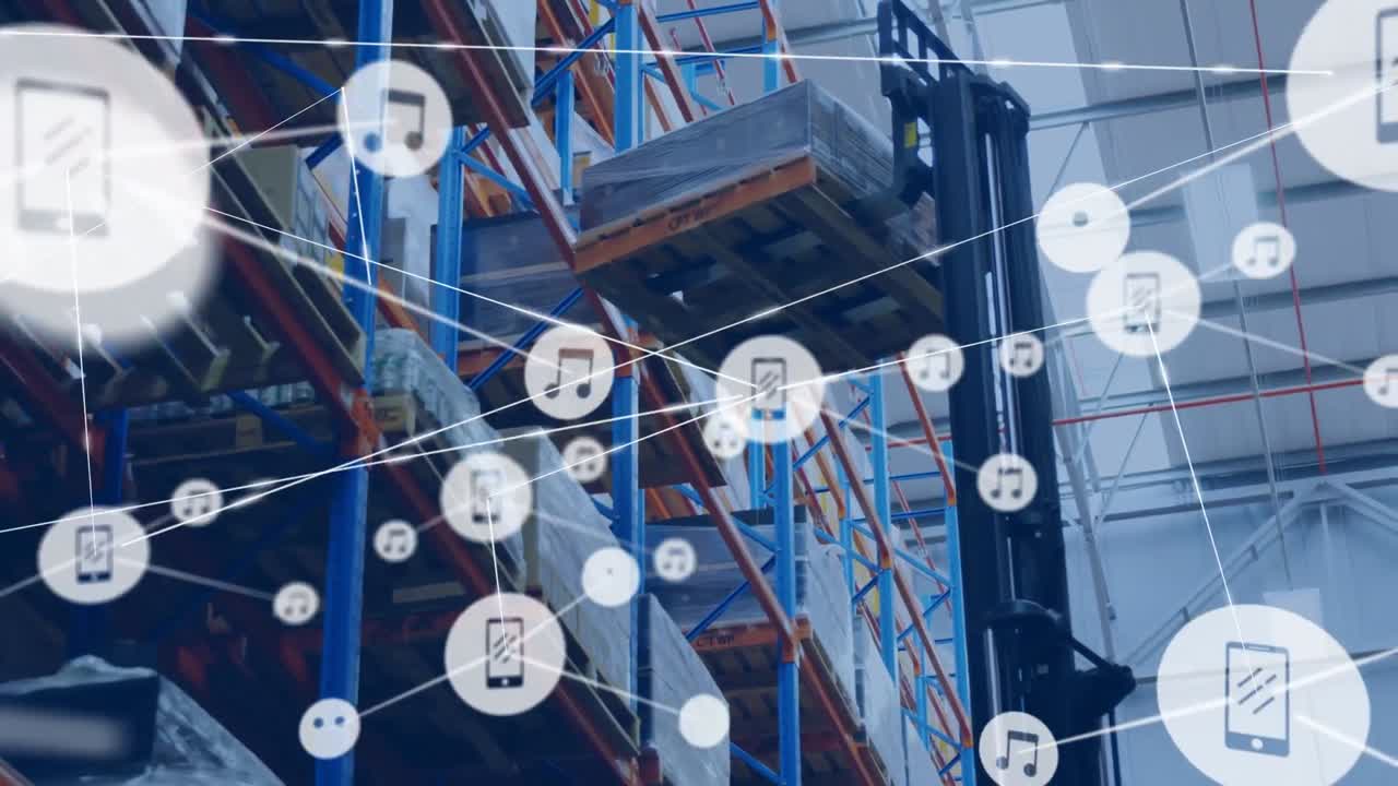 animación de redes de conexiones con iconos sobre almacén vacío