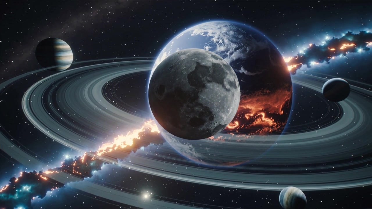 Una luna rocciosa in orbita si muove sopra gli anelli, con una leggera panoramica che rivela un pianeta fuso e detriti incandescenti.