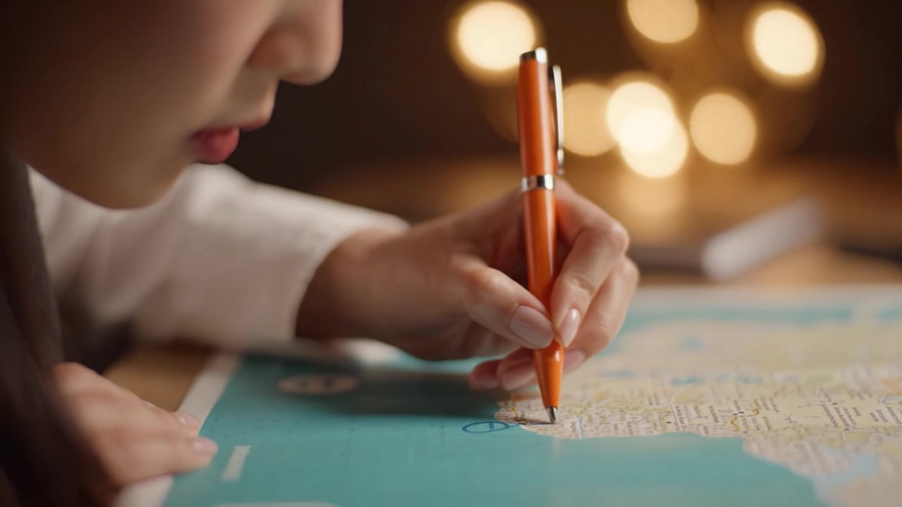 Verkenning en planning: Een close-up van een persoon die bezig is met kaartactiviteiten met een oranje pen op een gedetailleerde kaart met een warme, wazige achtergrond