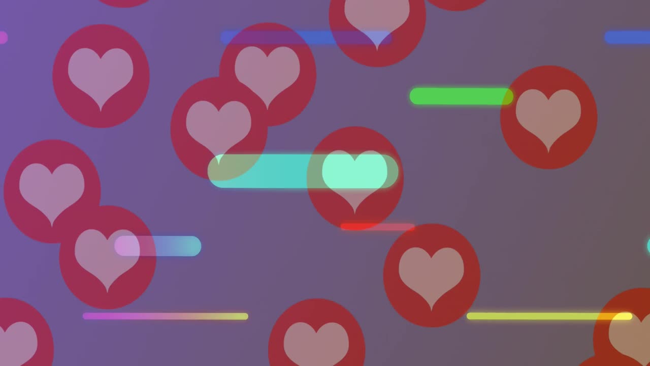 보라색 배경에 다채로운 선 위에 떠다니는 소셜 미디어 반응의 애니메이션