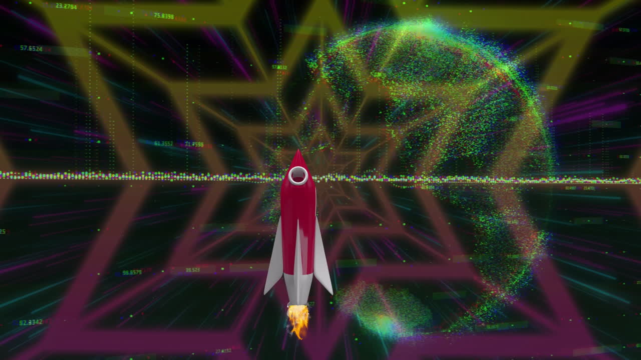 Animation of rocket flying with colorful geometric patterns and Earth in background