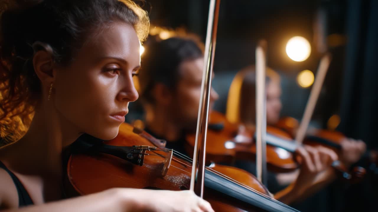 Un violinista di talento cattura il pubblico con una performance appassionata, mostrando abilità ed emozione in un'ambientazione splendidamente illuminata.