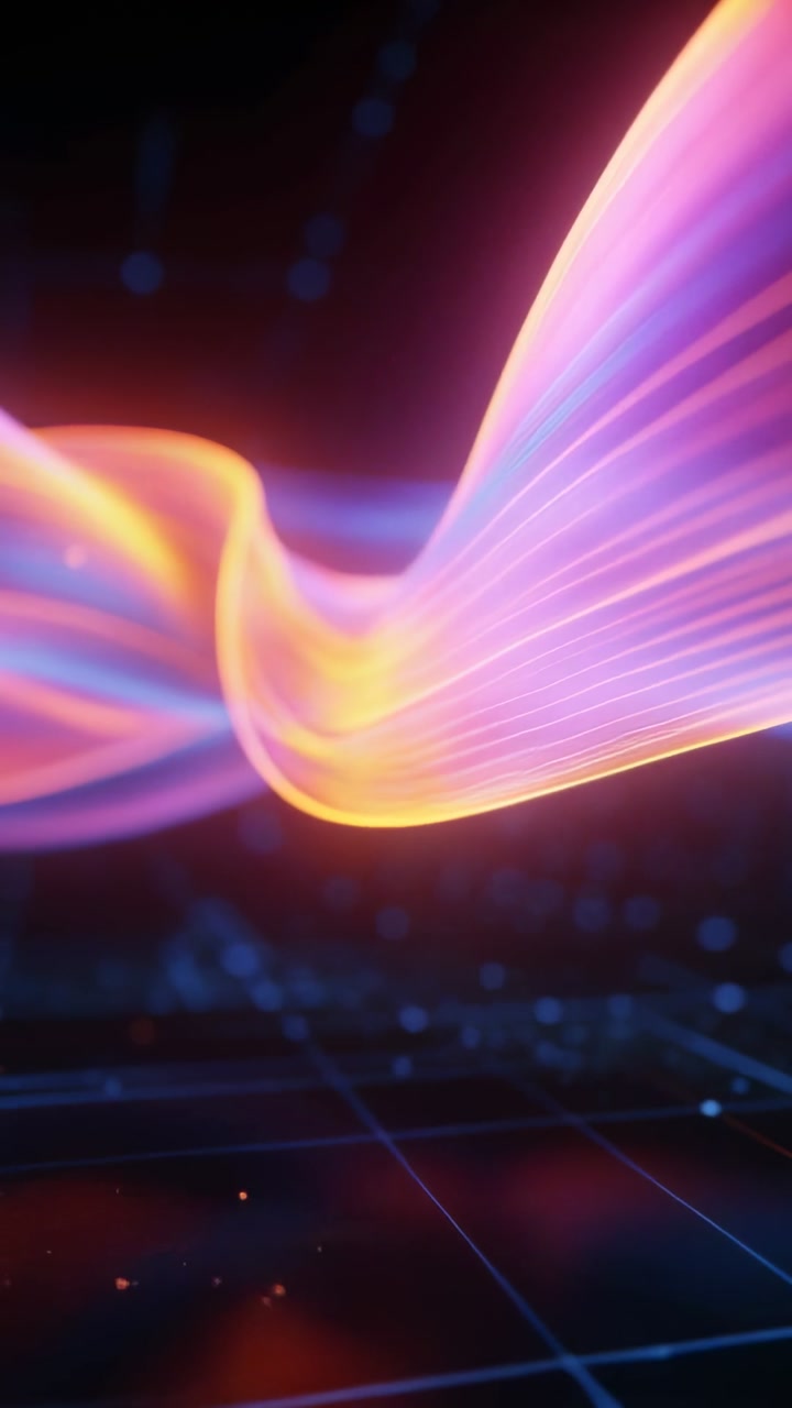Vertical video: Curling from upper-left neon ribbon moving above grid sparking to meet strand