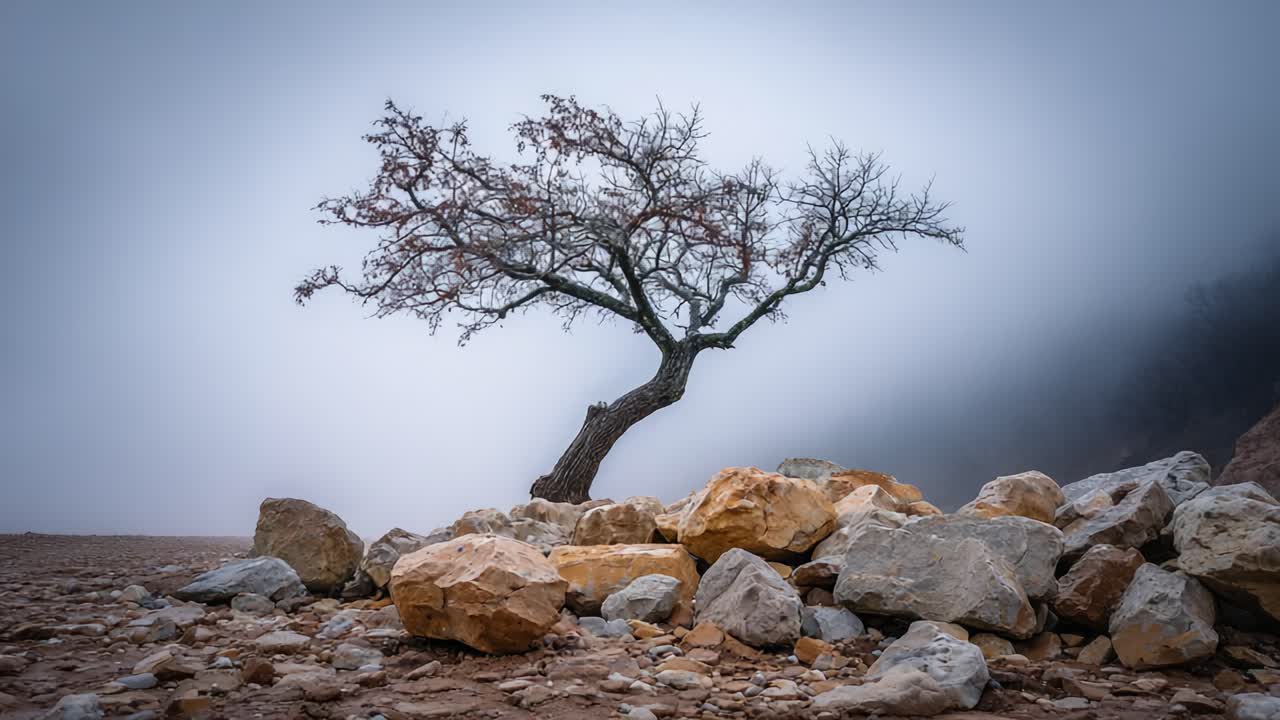 A solitary tree stands resiliently among scattered rocks in a hazy landscape, embodying nature's beauty and strength in the face of adversity