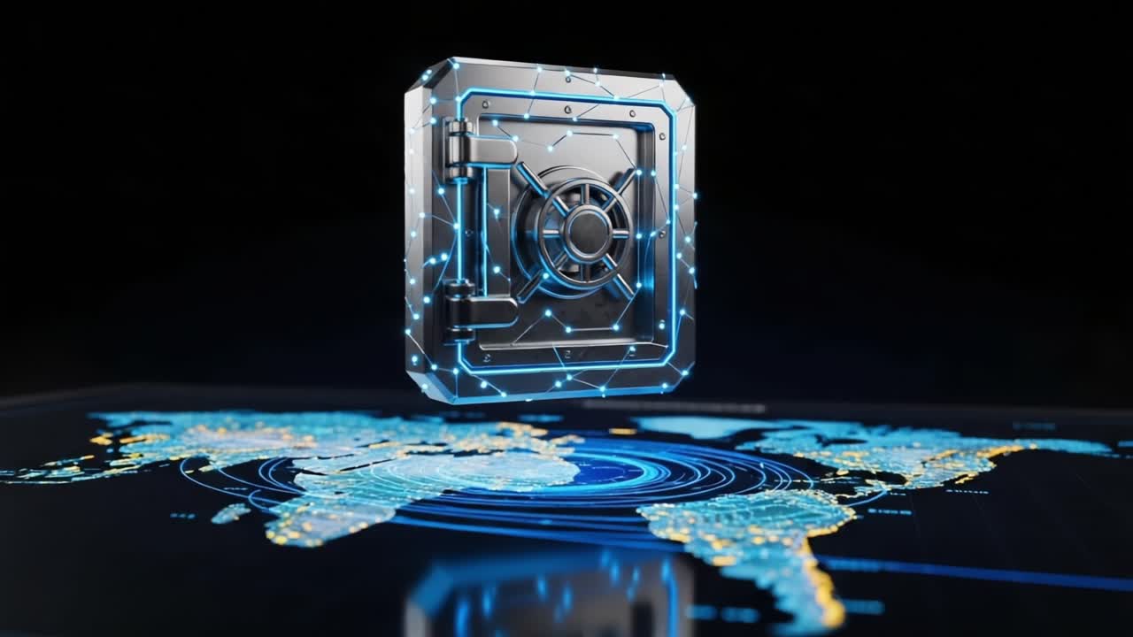 A Futuristic Secure Vault Floating Over a Digital World Map, Representing Advanced Technology and Data Protection Concepts in a Cybersecurity Landscape