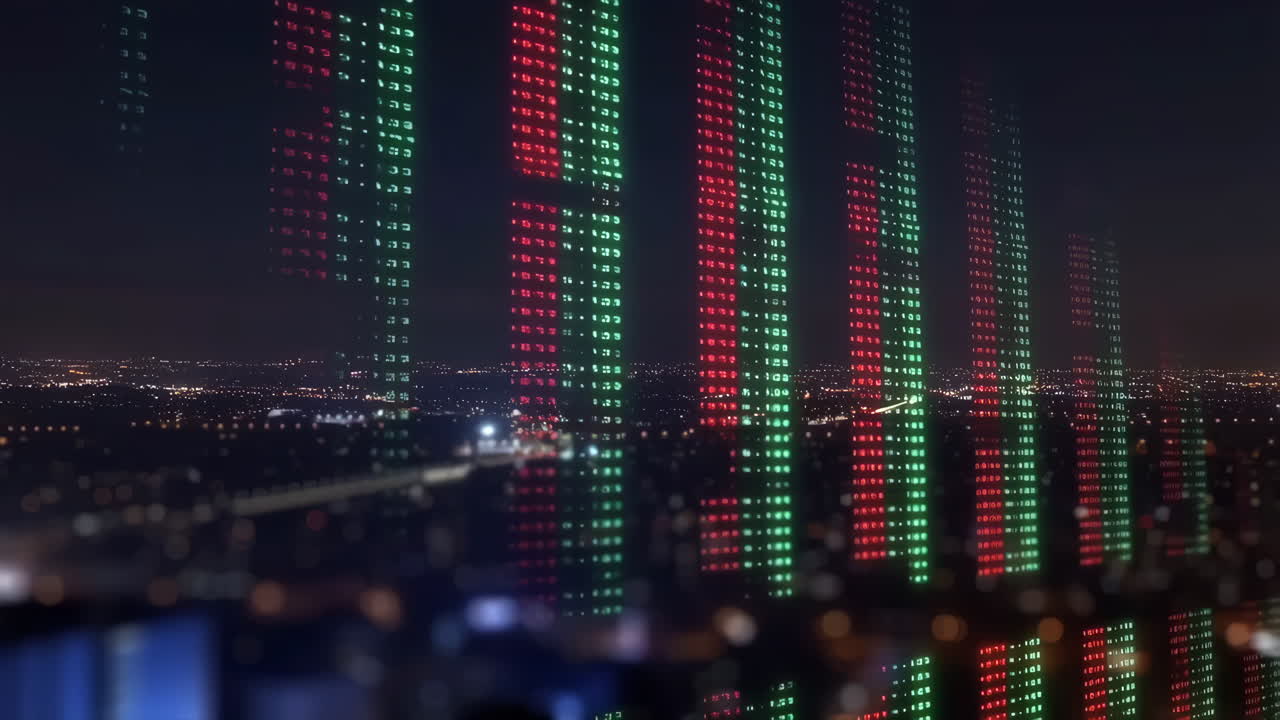 Digital Financial Data Overlayed on a Blurred Night Cityscape