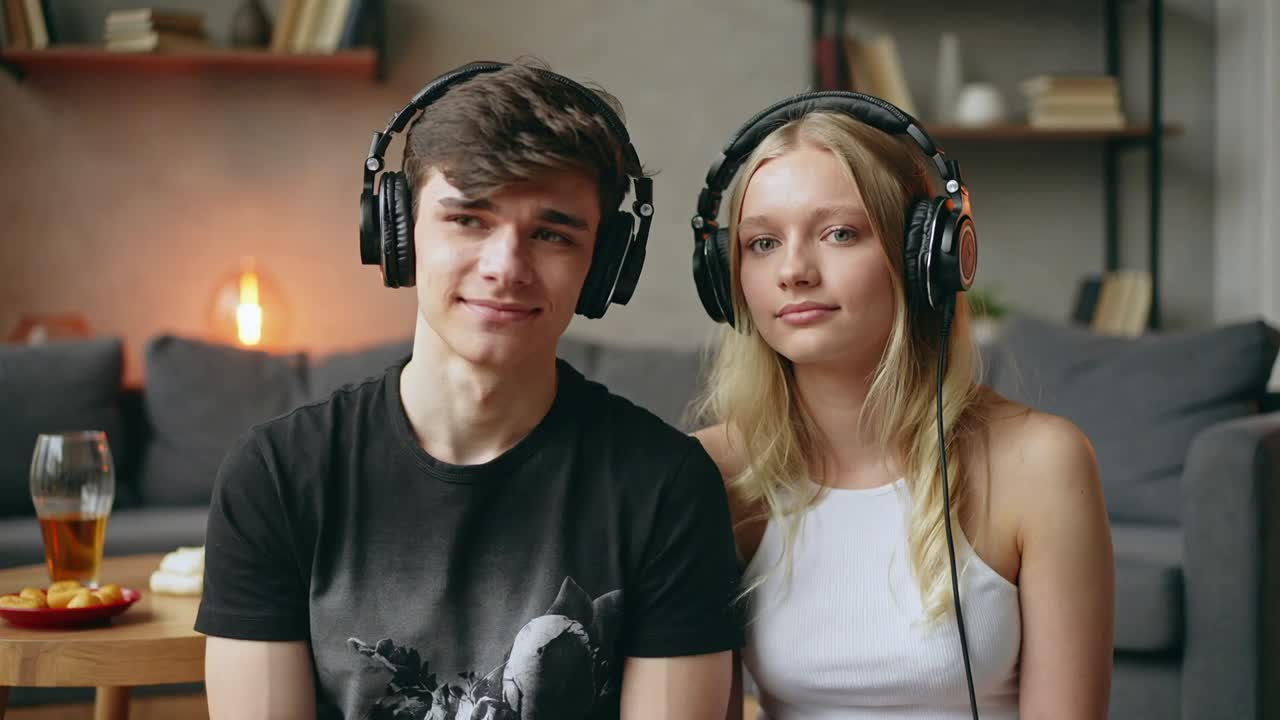 Ett skrattande par som reagerar på ljud som spelas i over-ear hörlurar på en grå soffa hemma med öl