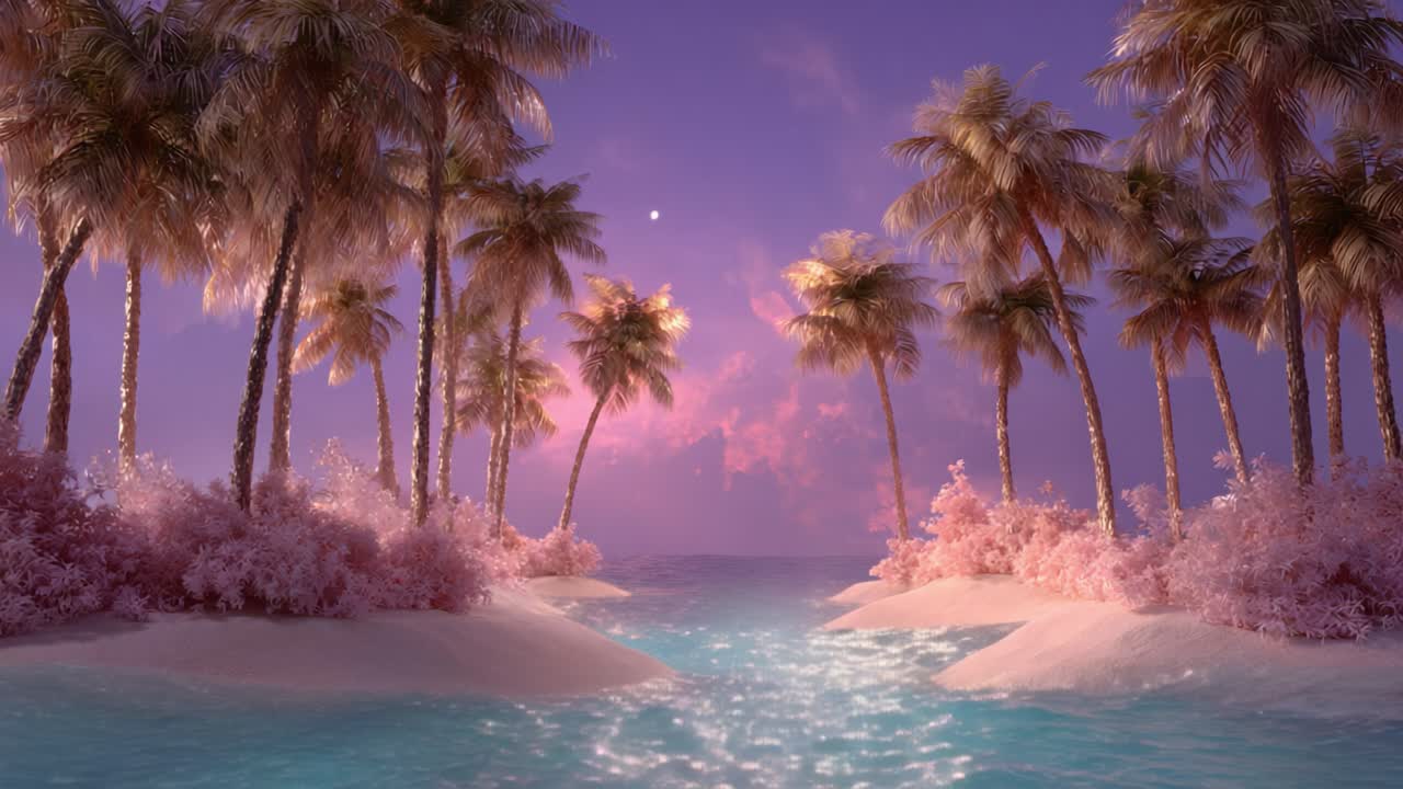 Klidný ostrovní únik za soumraku s bujnými palmami a klidnými vodami odrážejícími jemné odstíny západu slunce, vytvářející snovou tropickou atmosféru