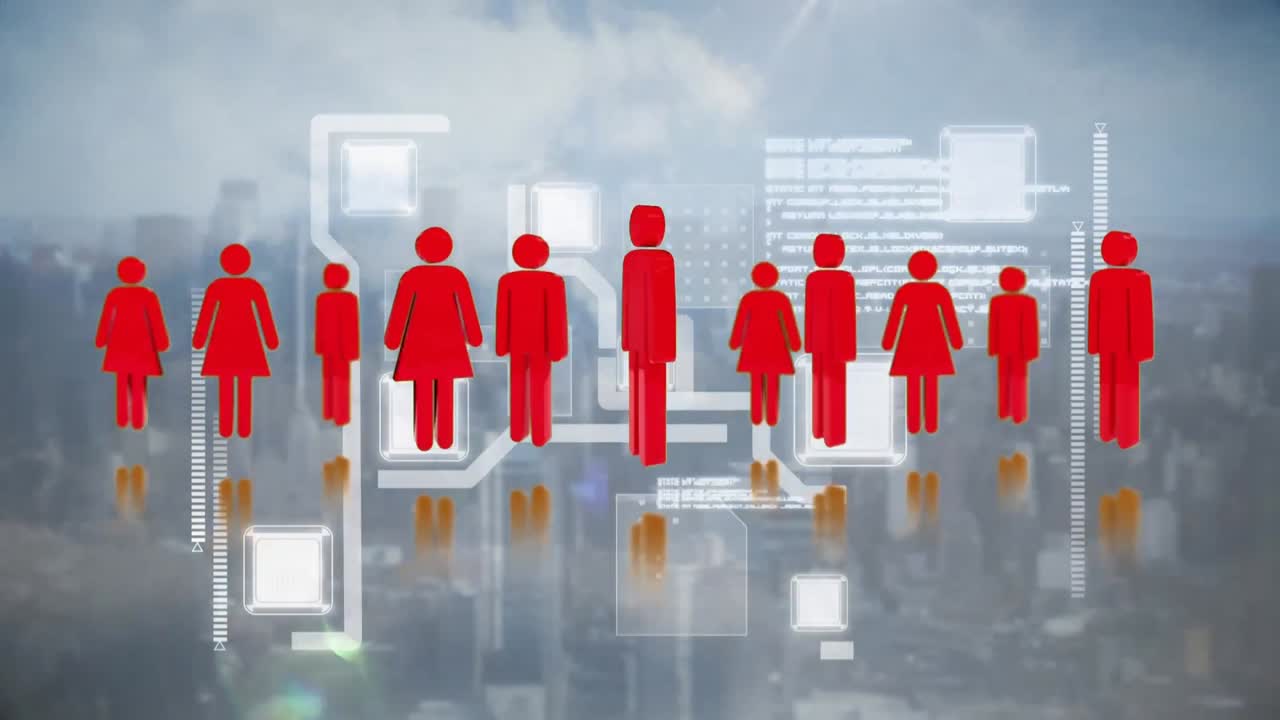 도시 배경을 가진 남성과 여성 아이콘