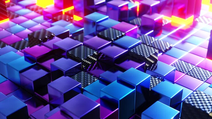 Blocos 3D roxos e azuis. Animação em loop infinito.
