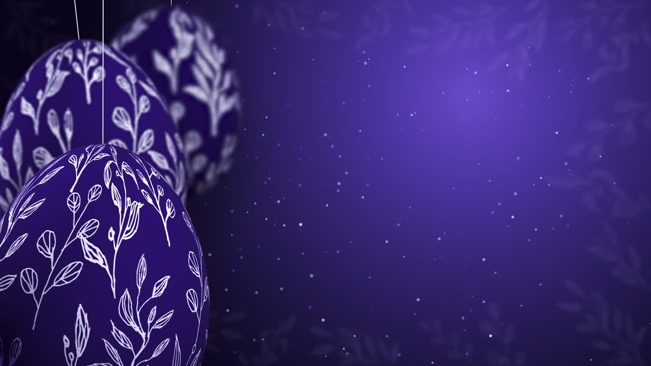 Happy Easter 3d scene with hanging Easter eggs with floral ornament. Purple loop animated greeting card with copy space.