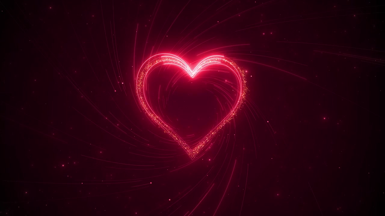 Fondo de remolino de corazón rojo neón, contorno de amor brillante, partículas brillantes y estelas de luz curvas sobre