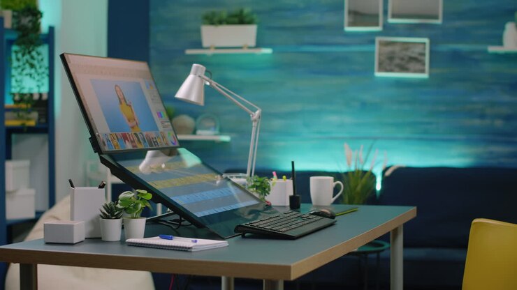 Photography artist using touch screen computer for photo retouch