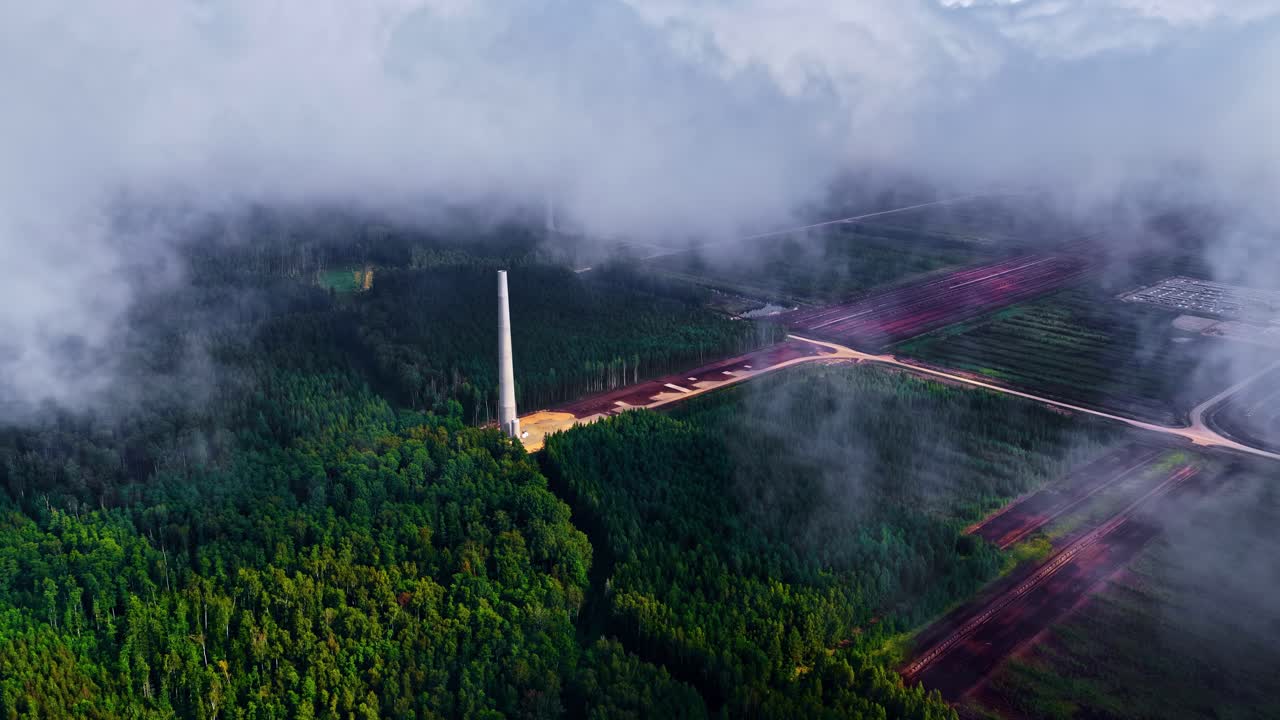 Aerial view of forest with mist and road, peaceful and serene atmosphere