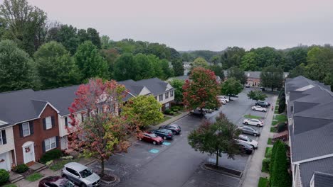 colorful trees during rainy autumn day in american residential area