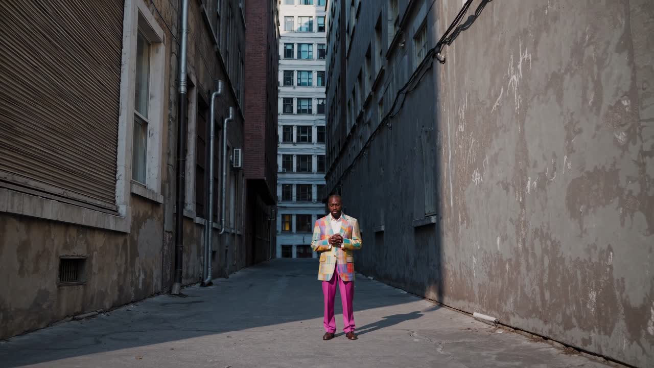 Individual in vibrant attire stands confidently in an urban alleyway, showcasing unique fashion style while surrounded by textured walls and sunlight