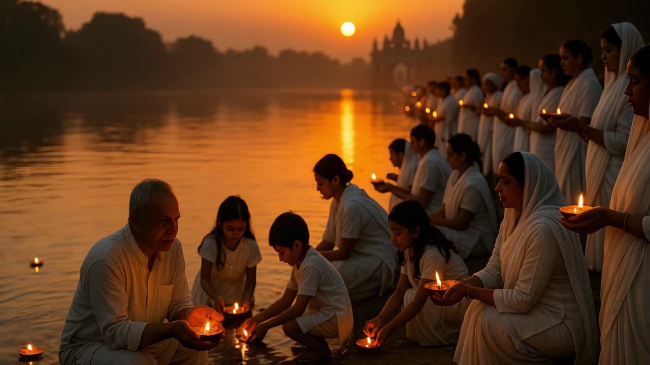 Individuals in white clothing gather by the river at sunset, engaging in a tranquil candle-lighting ritual, enhancing the serene ambiance of the scene