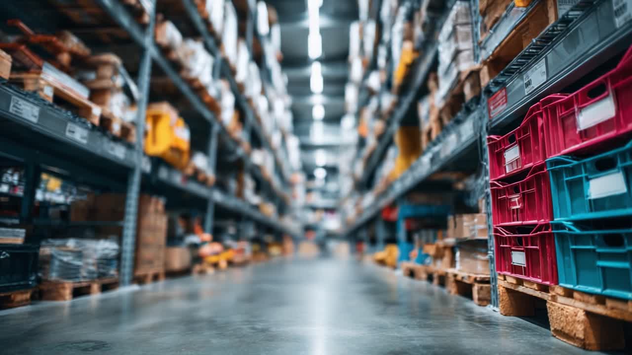 Aisle of Storage: Capturing the Vastness of an Industrial Warehouse with Colorful Crates and Organized Shelving for Efficient Logistics Management
