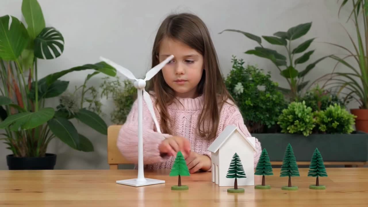 Young Girl Playing with Toy Wind Turbine and Eco Models