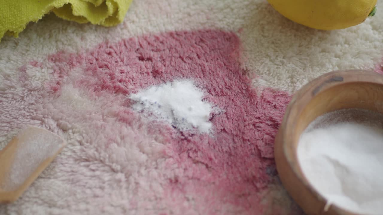 Mano che sparge polvere detergente su una macchia rossa sul tappeto