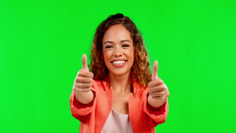 Face,-smile-and-woman-with-thumbs-up-on-green