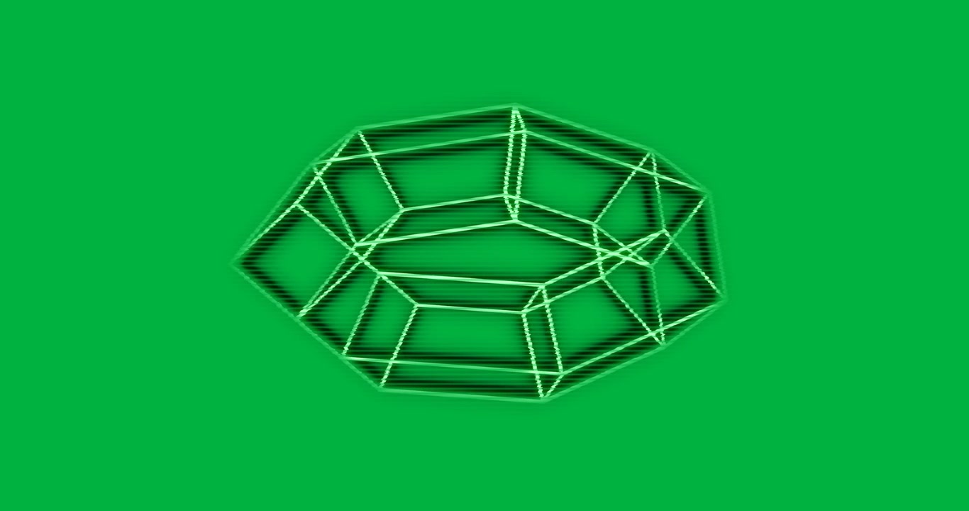 All'inizio, un poligono wireframe verde neon ruota attorno all'asse verticale per rivelare sfaccettature e intagli.