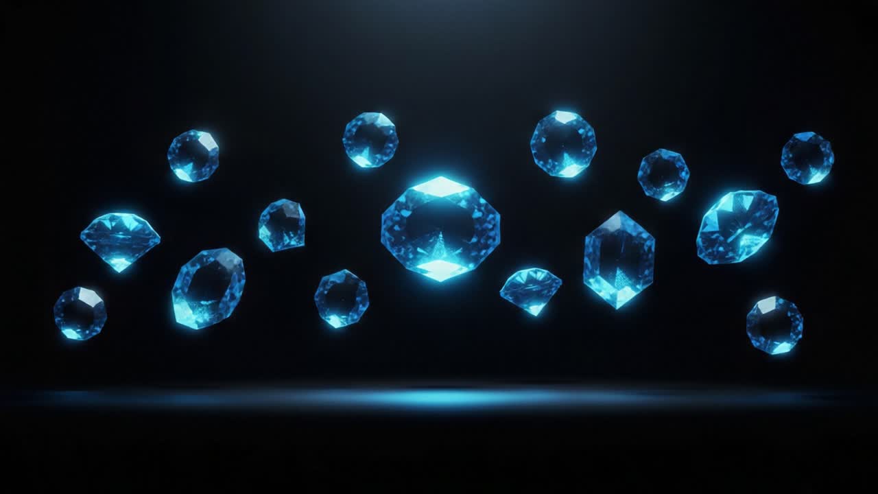 A Stunning Display of Radiant Blue Diamonds Glimmering in a Dark Environment, Showcasing Their Brilliant Cuts and Unique Shapes, Evoking Luxurious Elegance and Beauty